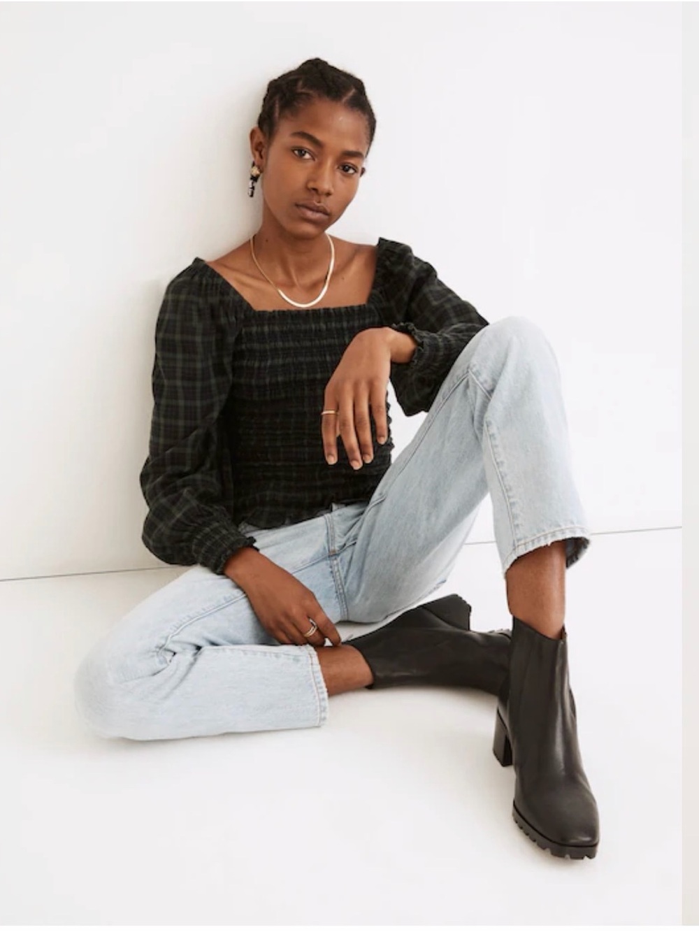 Madewell Lucie Plaid Smocked Long Sleeve Top - Forest
